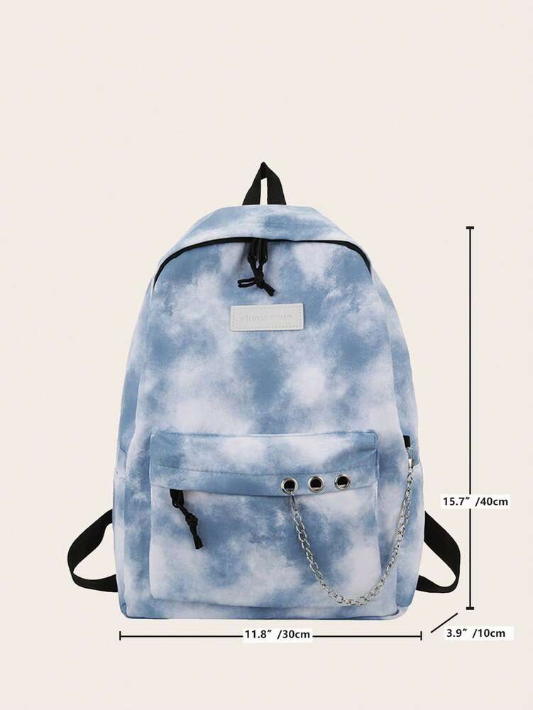 Tie Dye Backpack With Chain Decor Large Capacity Multi Pocket Casual School Bag Student Travel Holiday Campus Daypack Fashionable