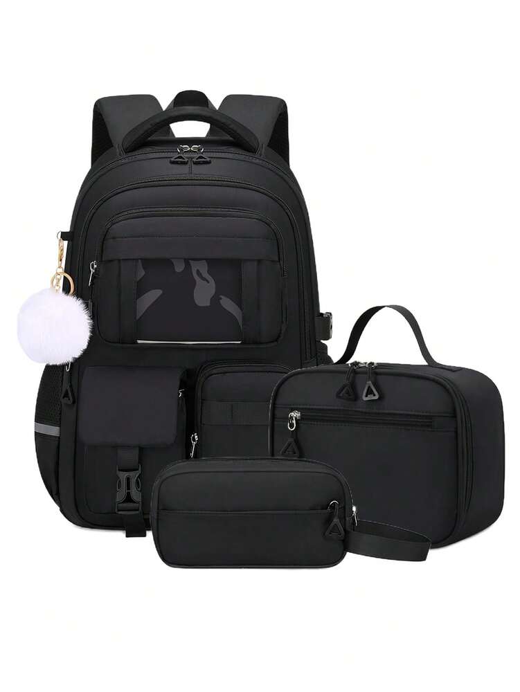 3pcs Teen Girls Backpack Set Laptop School Bag With Lunch Box Pencil Case Multi Pocket Casual Plush Ball Pendant Back To School Travel