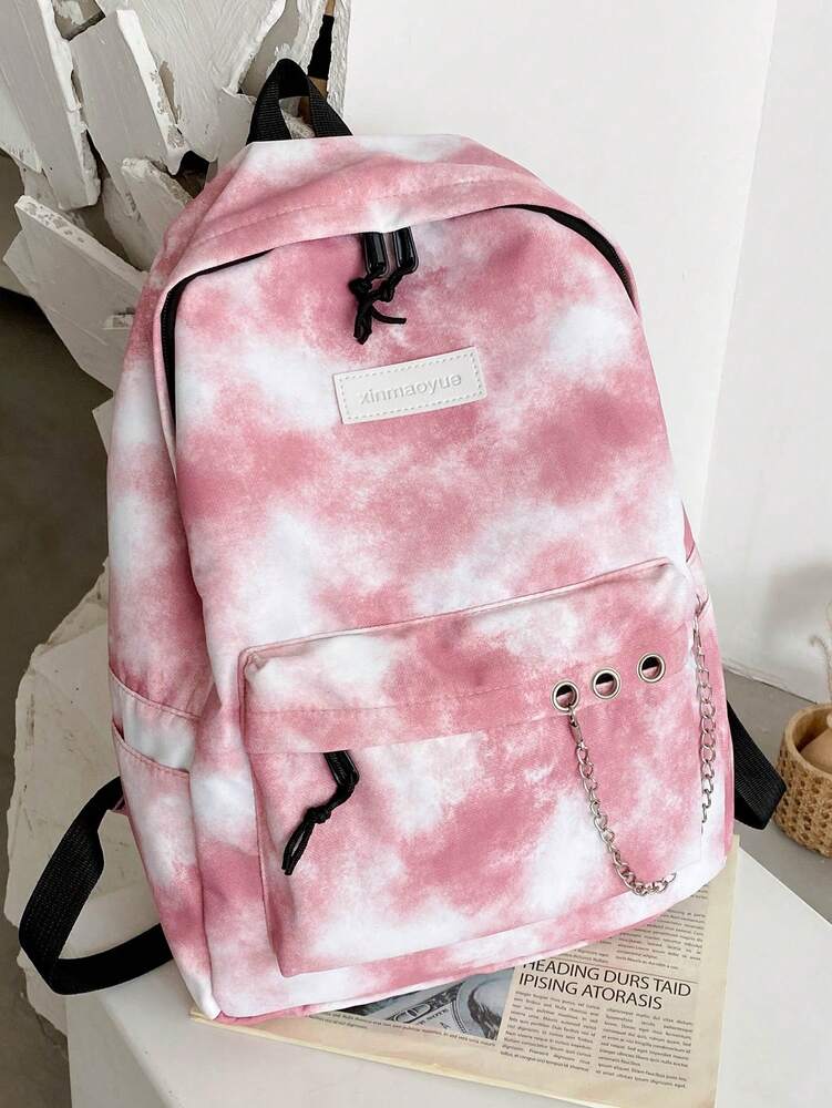 Tie Dye Backpack With Chain Decor Large Capacity Multi Pocket Casual School Bag Student Travel Holiday Campus Daypack Fashionable