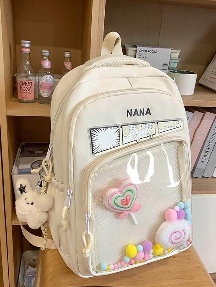 Solid Color Nylon Printed Backpack Girls Casual Zipper Closure School Bag Lightweight Daily Use Student Daypack Without Pendant