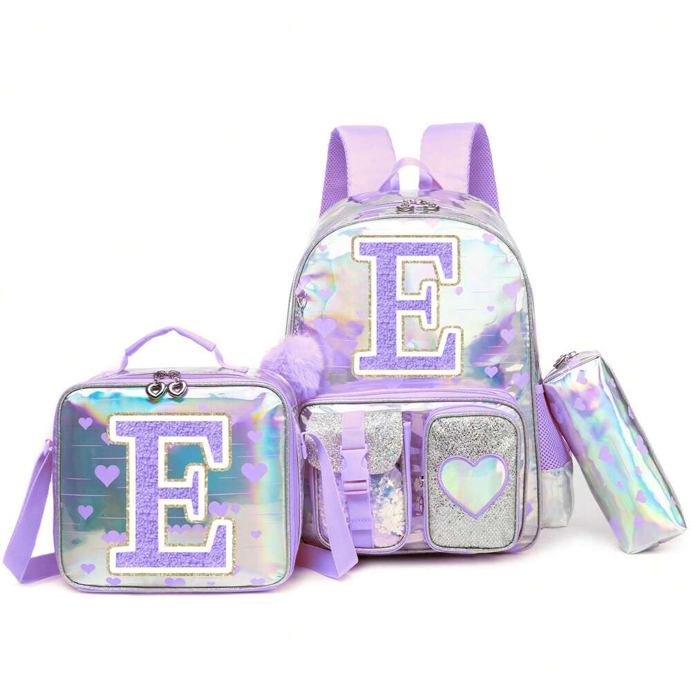 Purple Love Print Girls Backpack Letter Design Primary School Bag Casual Return To School Lightweight Cute Student Daypack Random Print