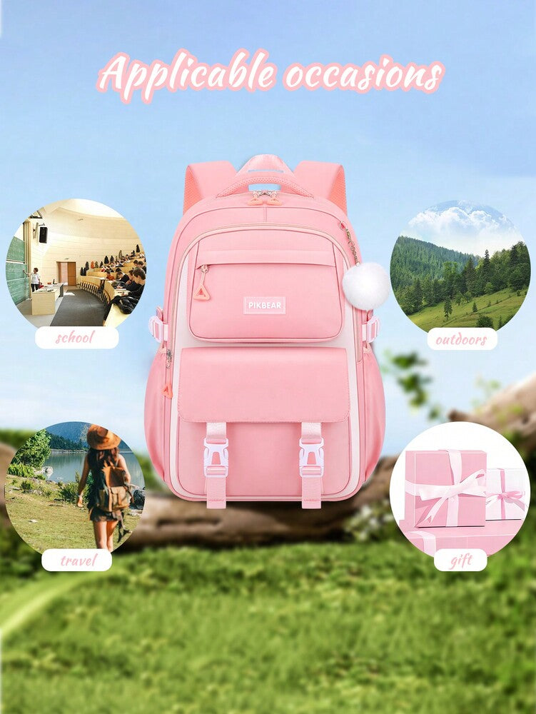 Purple Pink Large Capacity Girls Backpack With Pendant Lightweight Multi Purpose Casual School Bag Birthday Gift Back To School Travel