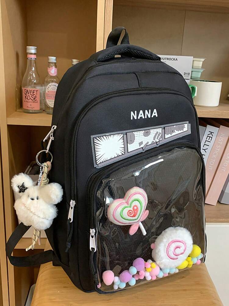 Solid Color Nylon Printed Backpack Girls Casual Zipper Closure School Bag Lightweight Daily Use Student Daypack Without Pendant