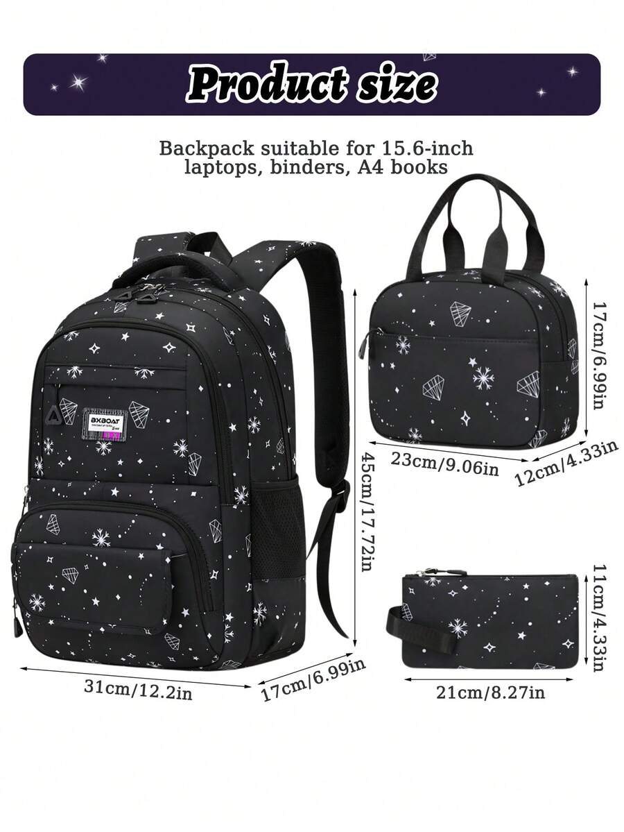3pcs Girls School Backpack Set With Lunch Bag Pencil Case Outdoor Travel Student Bag Casual Bookbag Suitable For Teenage Girls Random Print