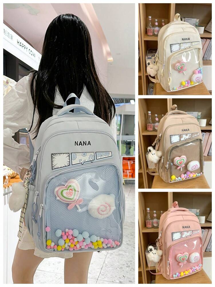 Solid Color Nylon Printed Backpack Girls Casual Zipper Closure School Bag Lightweight Daily Use Student Daypack Without Pendant