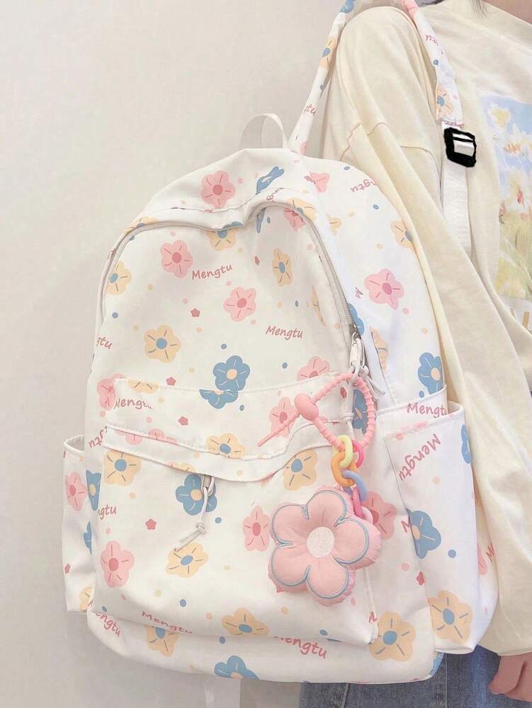 Color Block Cartoon Print Backpack With Flower Pendant Large Capacity School Bag Casual Travel Daypack For Girls Random Print Position
