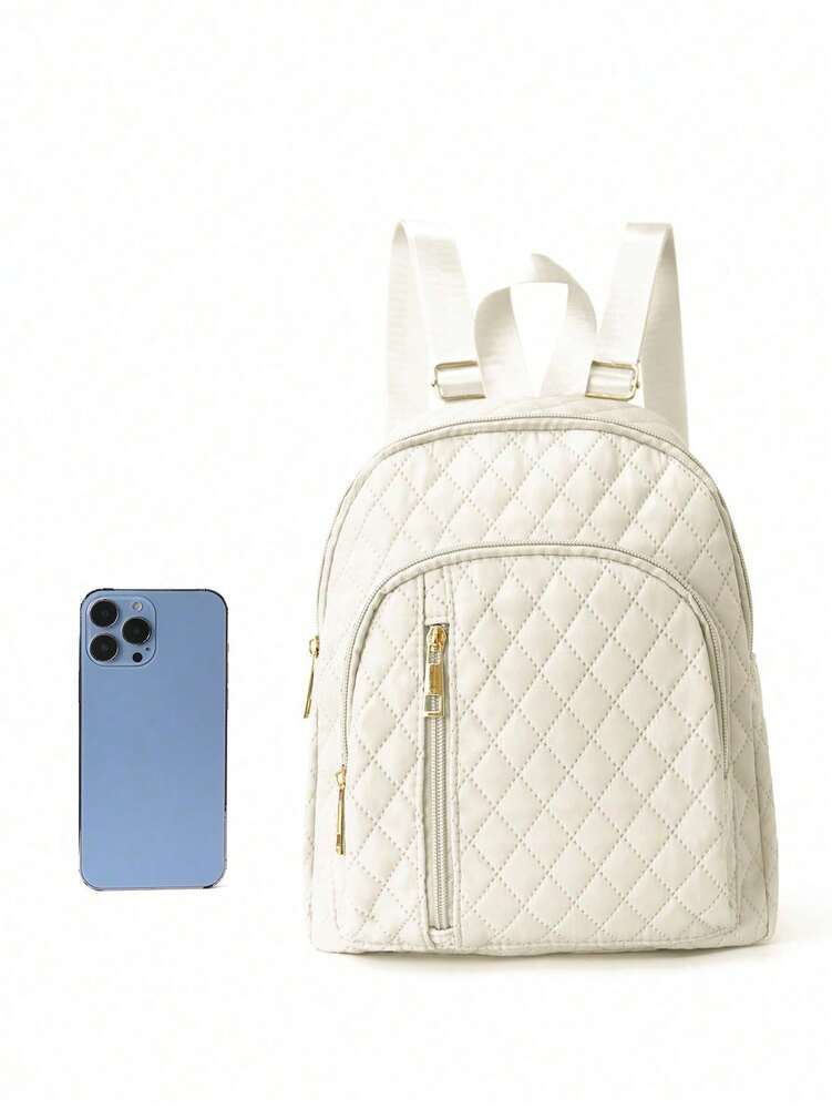 Minimalist Quilted Solid Color Backpack Large Capacity Lightweight Adjustable Strap Casual School Bag College Student Work Office Commute