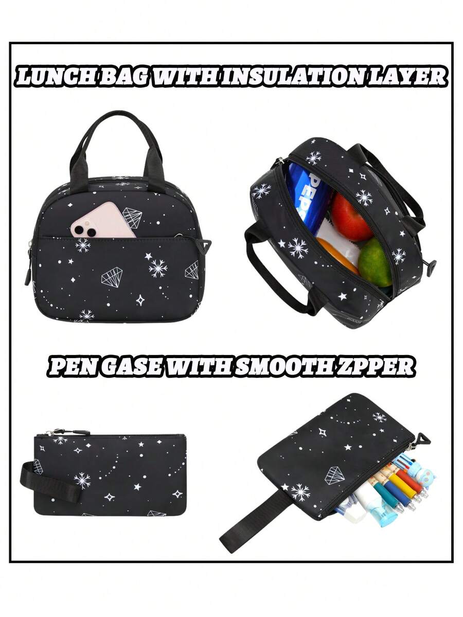 3pcs Girls School Backpack Set With Lunch Bag Pencil Case Outdoor Travel Student Bag Casual Bookbag Suitable For Teenage Girls Random Print