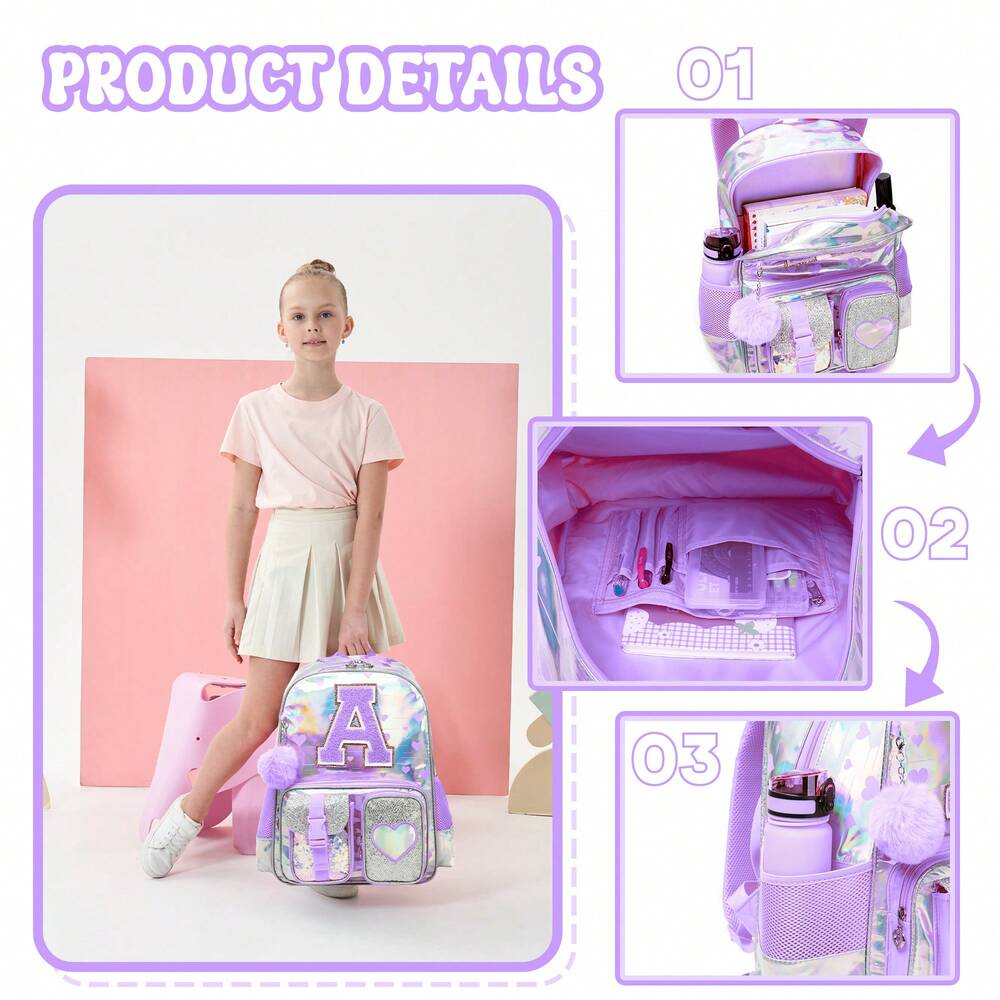 Purple Love Print Girls Backpack Letter Design Primary School Bag Casual Return To School Lightweight Cute Student Daypack Random Print
