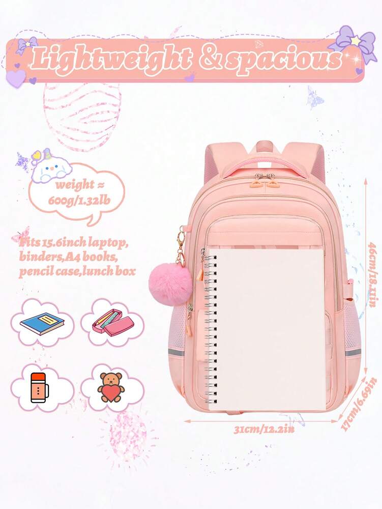 3pcs Teen Girls Backpack Set Laptop School Bag With Lunch Box Pencil Case Multi Pocket Casual Plush Ball Pendant Back To School Travel