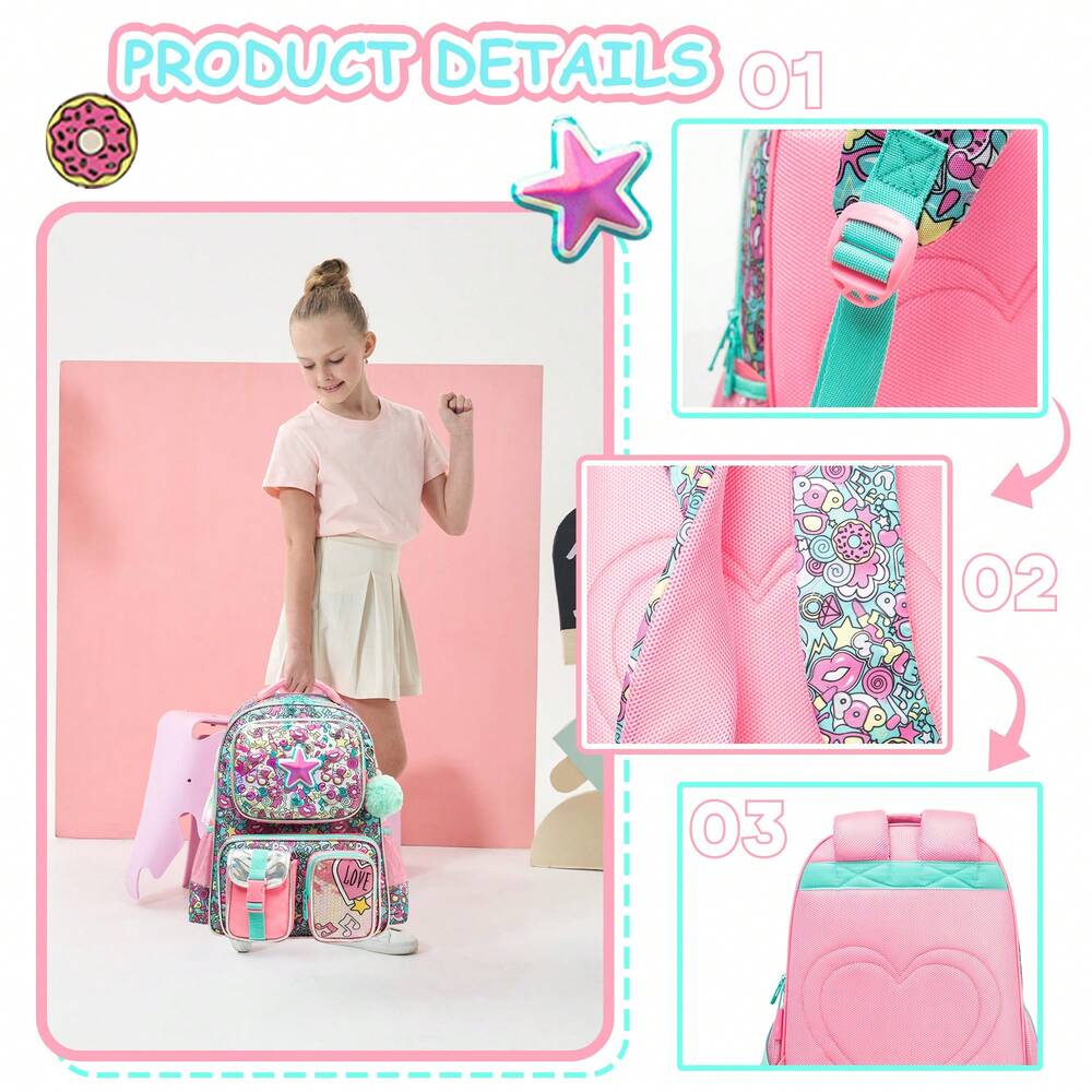 3pcs Elementary School Girls Backpack Set With Lunch Bag Cute Preschool Student Travel Bookbag Casual Lightweight 3 In 1 School Bag