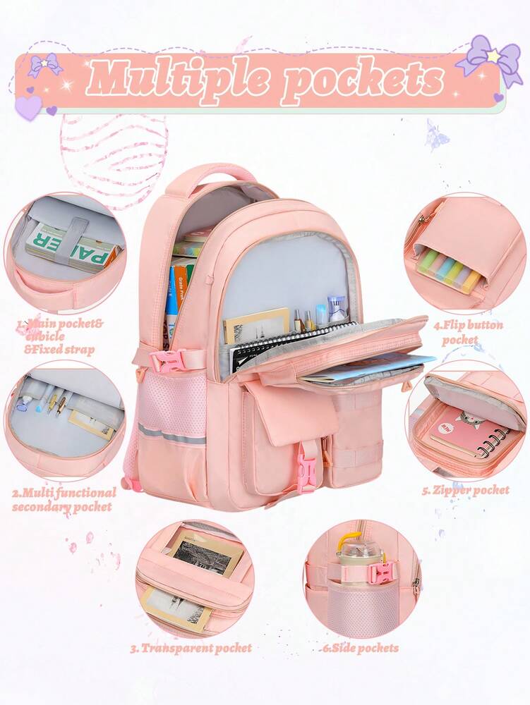 3pcs Teen Girls Backpack Set Laptop School Bag With Lunch Box Pencil Case Multi Pocket Casual Plush Ball Pendant Back To School Travel