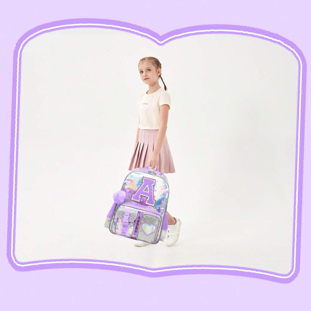 Purple Love Print Girls Backpack Letter Design Primary School Bag Casual Return To School Lightweight Cute Student Daypack Random Print