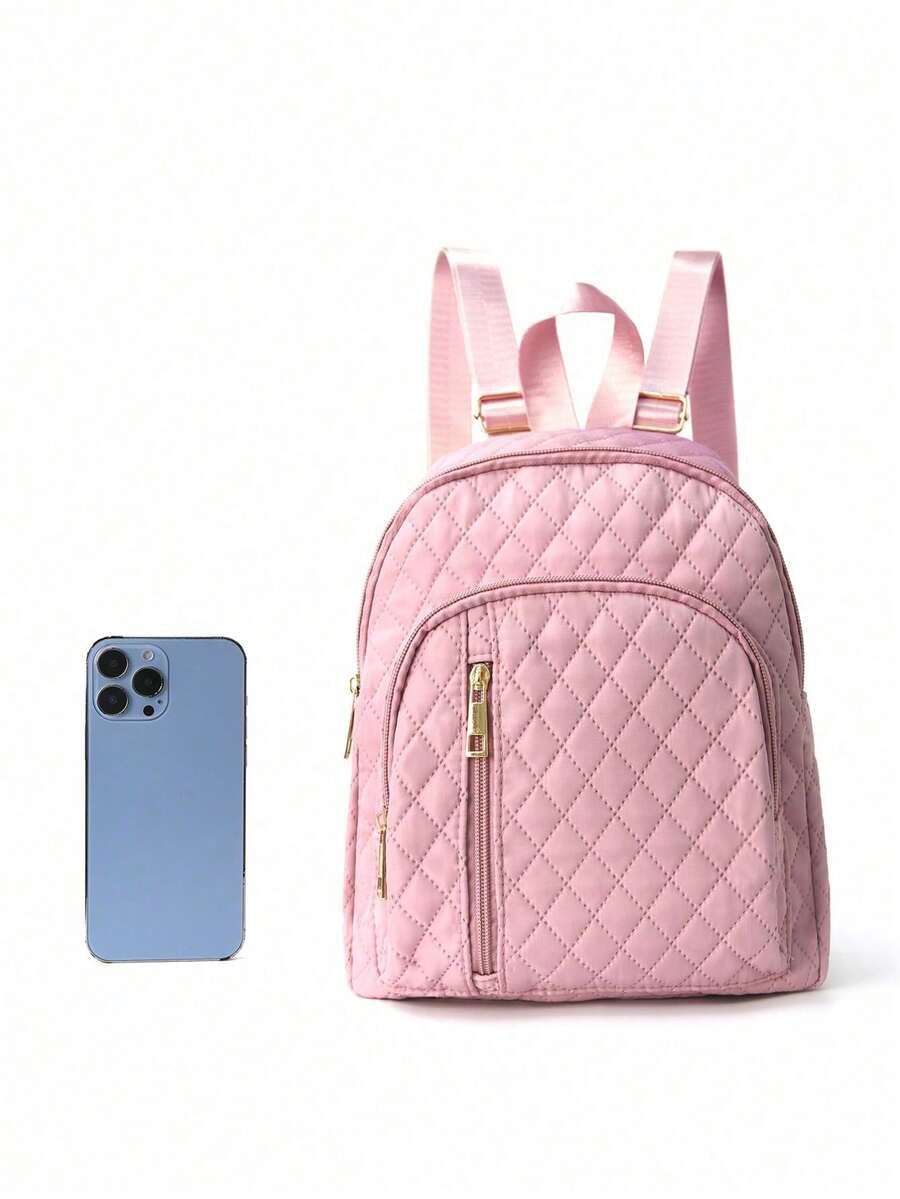 Minimalist Quilted Solid Color Backpack Large Capacity Lightweight Adjustable Strap Casual School Bag College Student Work Office Commute