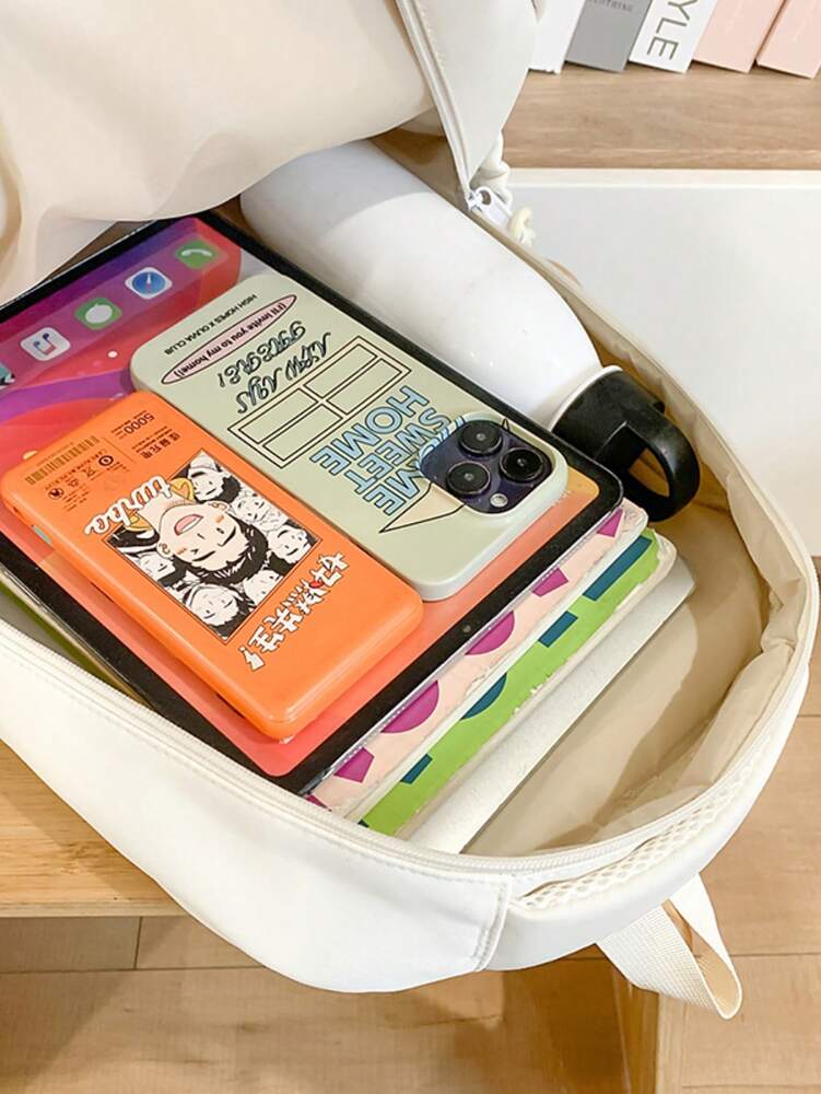 Solid Color Nylon Printed Backpack Girls Casual Zipper Closure School Bag Lightweight Daily Use Student Daypack Without Pendant