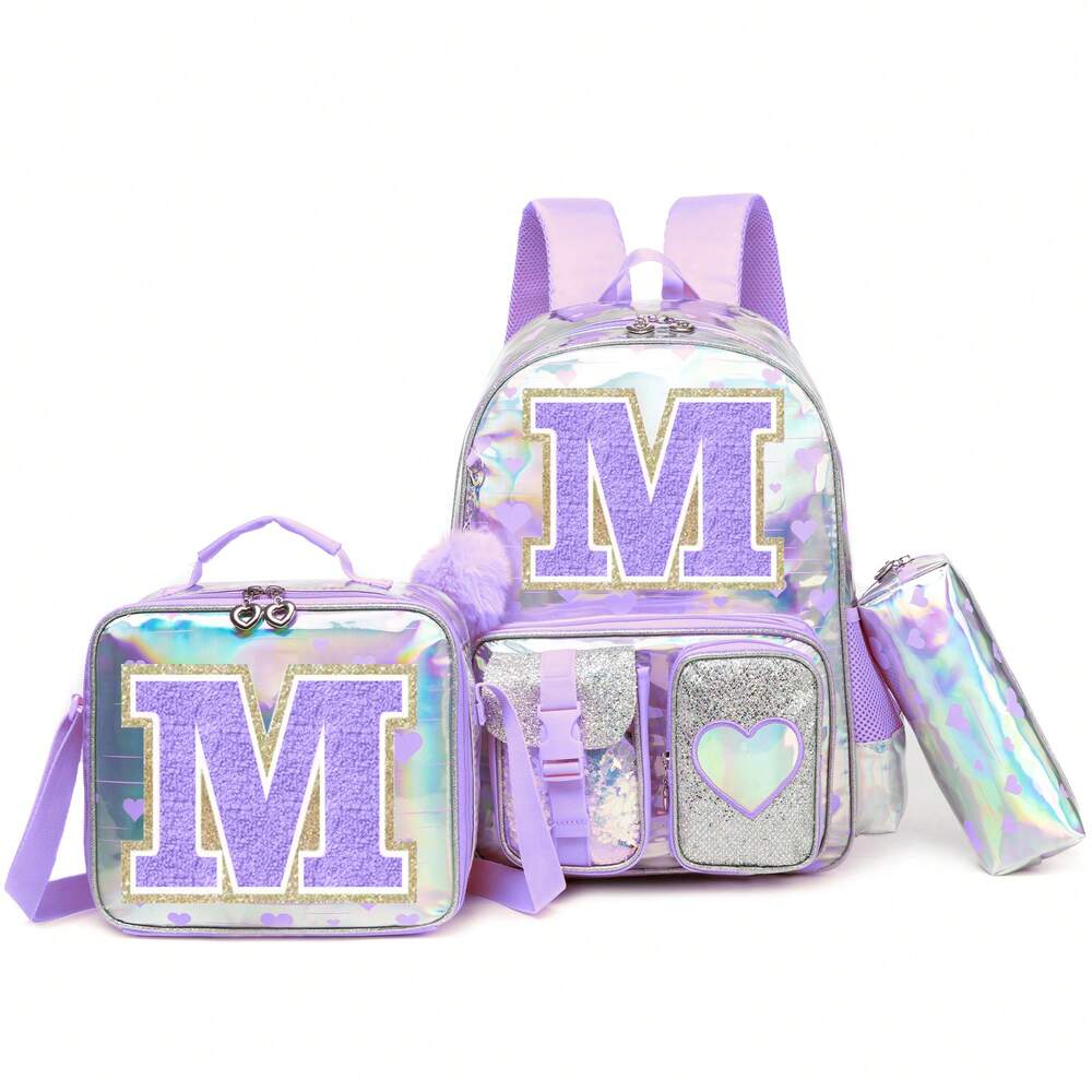 Purple Love Print Girls Backpack Letter Design Primary School Bag Casual Return To School Lightweight Cute Student Daypack Random Print