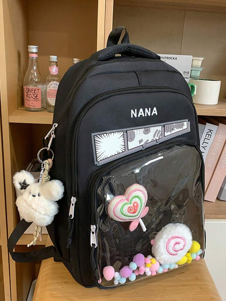 Solid Color Nylon Printed Backpack Girls Casual Zipper Closure School Bag Lightweight Daily Use Student Daypack Without Pendant