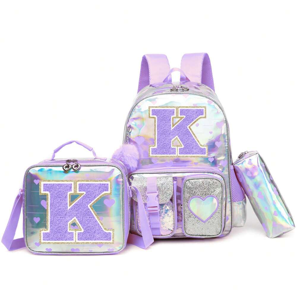 Purple Love Print Girls Backpack Letter Design Primary School Bag Casual Return To School Lightweight Cute Student Daypack Random Print