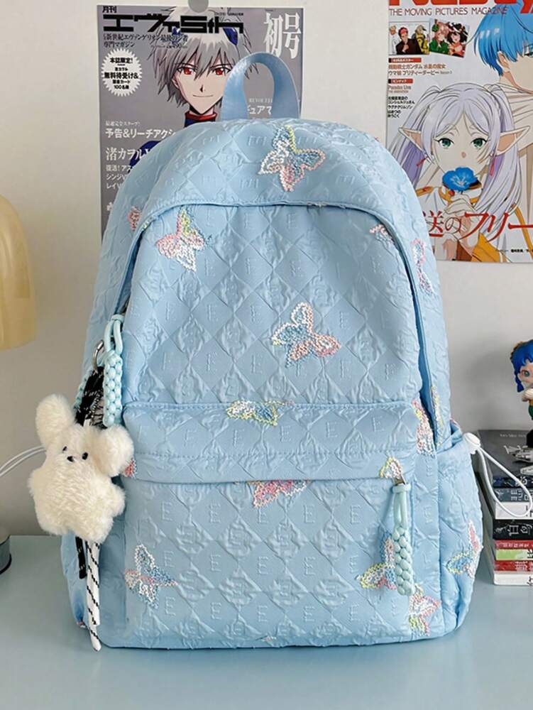Butterfly Print Girls Nylon Backpack Zipper Closure Simple Casual School Bag Suitable For All Seasons Lightweight Travel Daypack