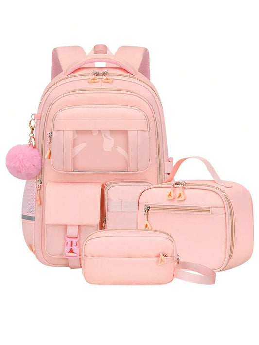3pcs Teen Girls Backpack Set Laptop School Bag With Lunch Box Pencil Case Multi Pocket Casual Plush Ball Pendant Back To School Travel