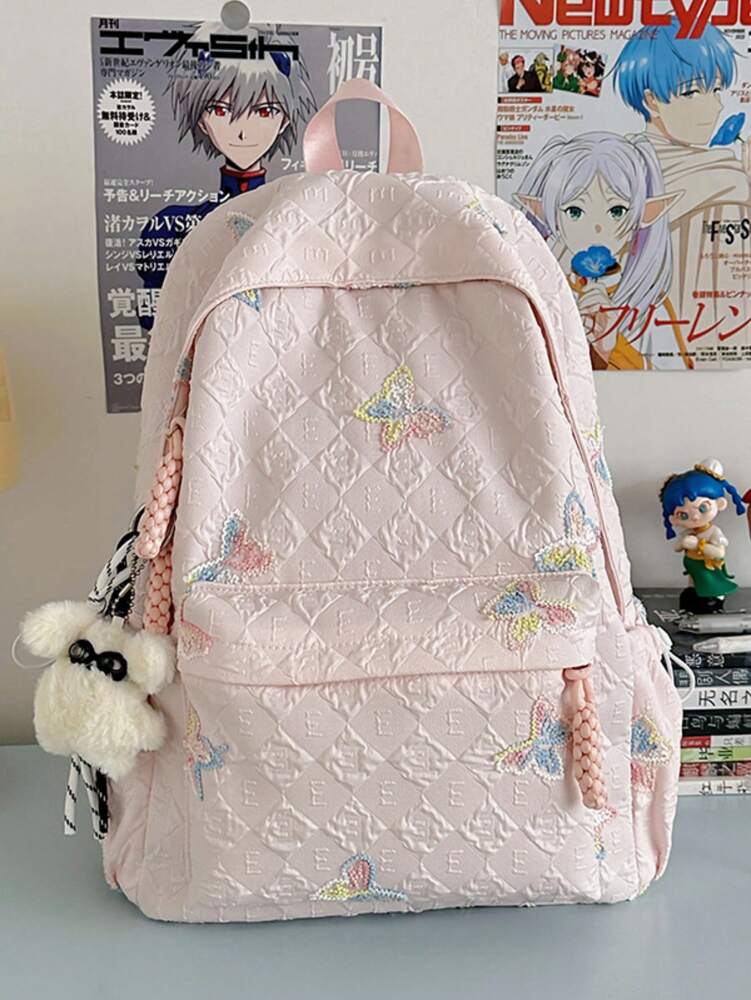 Butterfly Print Girls Nylon Backpack Zipper Closure Simple Casual School Bag Suitable For All Seasons Lightweight Travel Daypack
