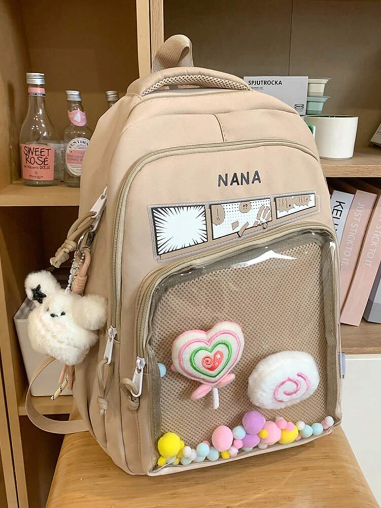 Solid Color Nylon Printed Backpack Girls Casual Zipper Closure School Bag Lightweight Daily Use Student Daypack Without Pendant