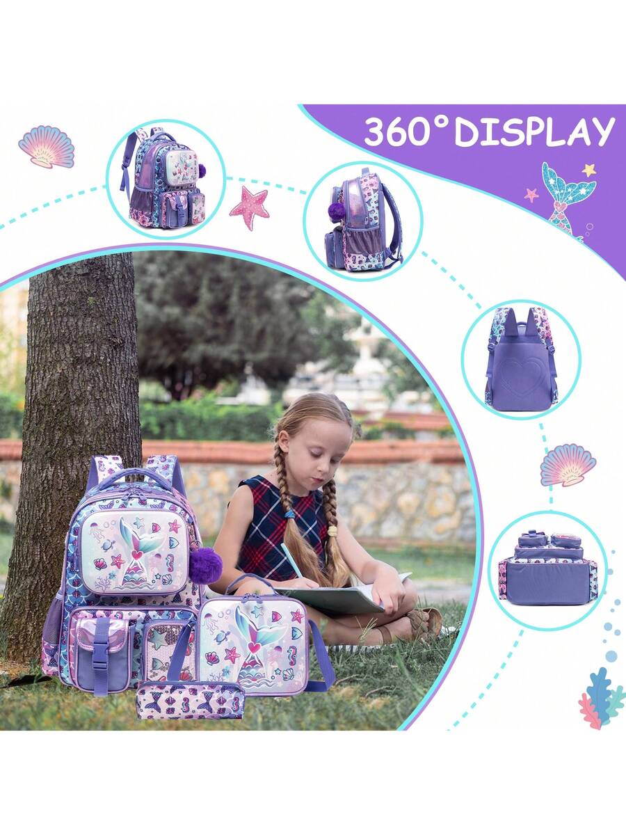 3pcs Elementary School Girls Backpack Set With Lunch Bag Cute Preschool Student Travel Bookbag Casual Lightweight 3 In 1 School Bag