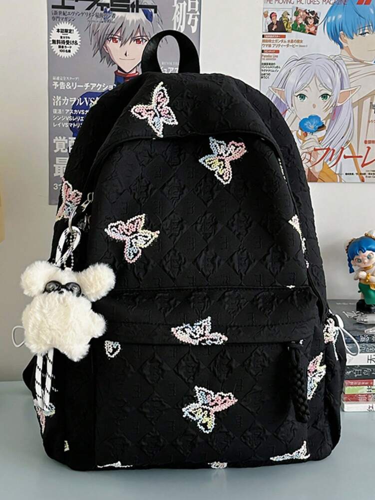 Butterfly Print Girls Nylon Backpack Zipper Closure Simple Casual School Bag Suitable For All Seasons Lightweight Travel Daypack