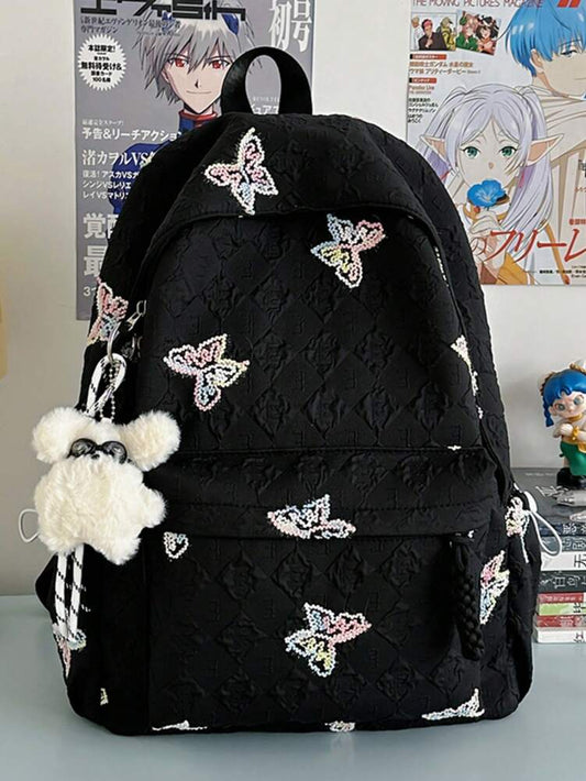 Butterfly Print Girls Nylon Backpack Zipper Closure Simple Casual School Bag Suitable For All Seasons Lightweight Travel Daypack