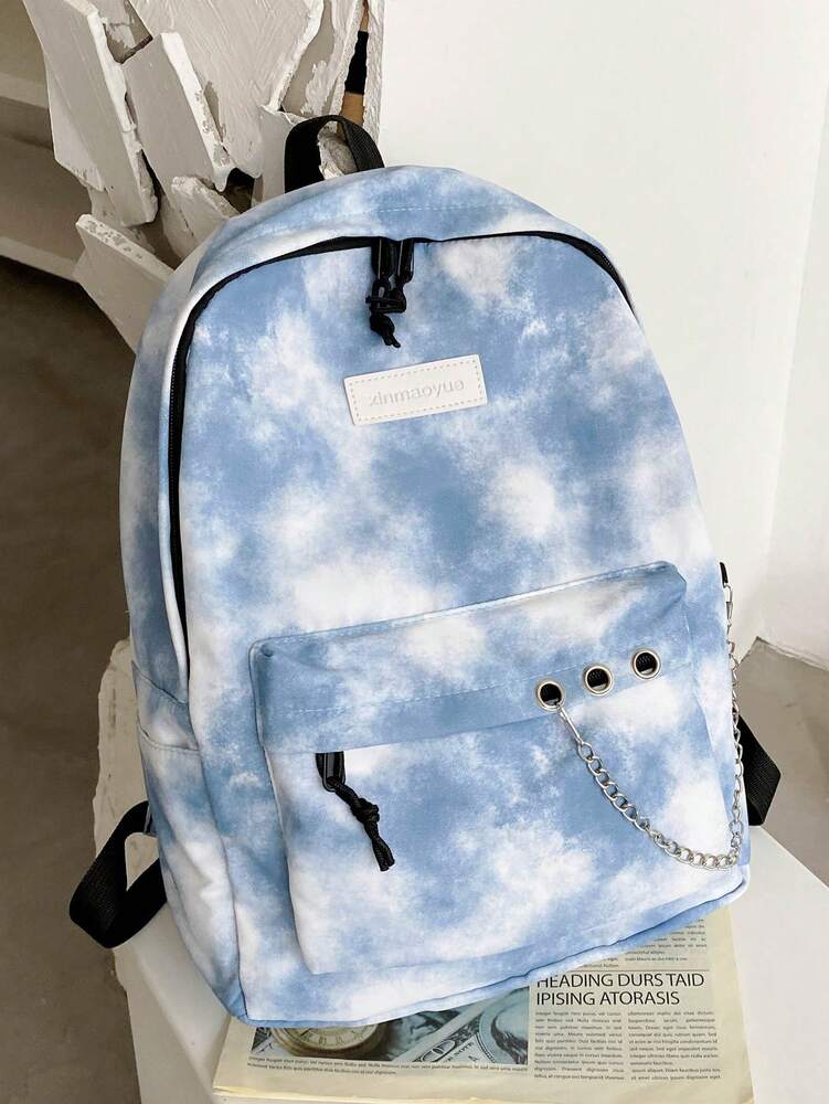Tie Dye Backpack With Chain Decor Large Capacity Multi Pocket Casual School Bag Student Travel Holiday Campus Daypack Fashionable