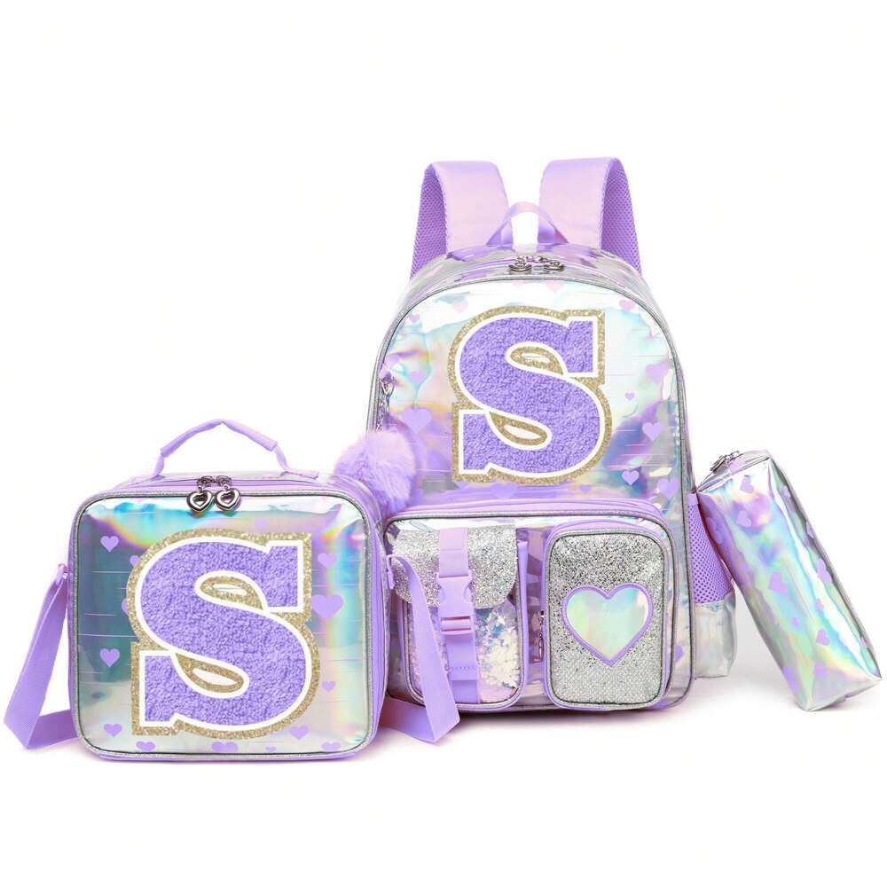 Purple Love Print Girls Backpack Letter Design Primary School Bag Casual Return To School Lightweight Cute Student Daypack Random Print