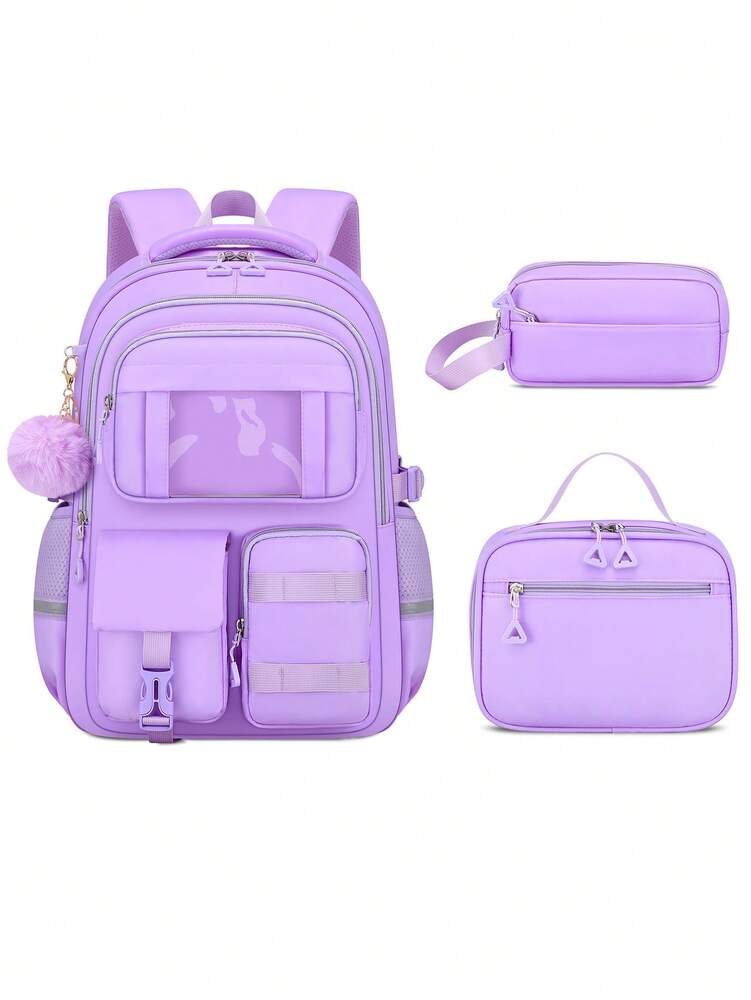 3pcs Teen Girls Backpack Set Laptop School Bag With Lunch Box Pencil Case Multi Pocket Casual Plush Ball Pendant Back To School Travel