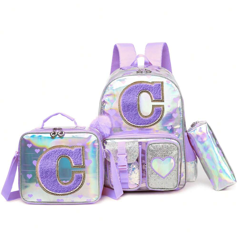 Purple Love Print Girls Backpack Letter Design Primary School Bag Casual Return To School Lightweight Cute Student Daypack Random Print