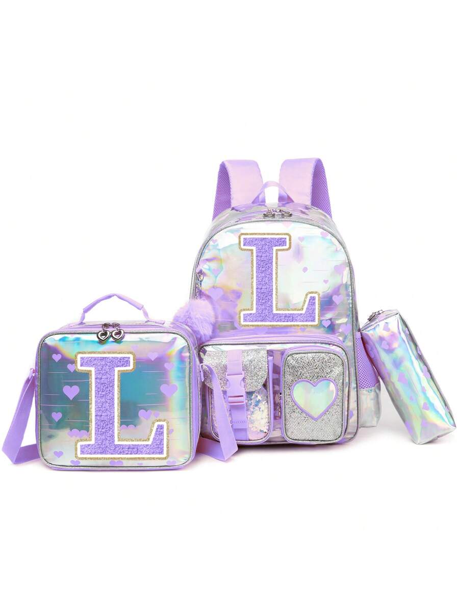 Purple Love Print Girls Backpack Letter Design Primary School Bag Casual Return To School Lightweight Cute Student Daypack Random Print
