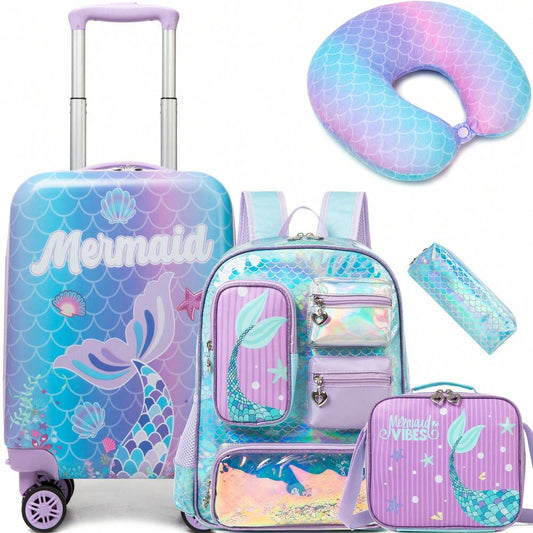5pcs Luggage Backpack Set For Girls Students With Wheels Suitcase Travel Bag Children Back To School Includes Neck Pillow Handle Random