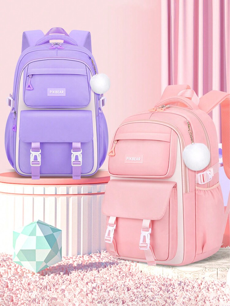 Purple Pink Large Capacity Girls Backpack With Pendant Lightweight Multi Purpose Casual School Bag Birthday Gift Back To School Travel