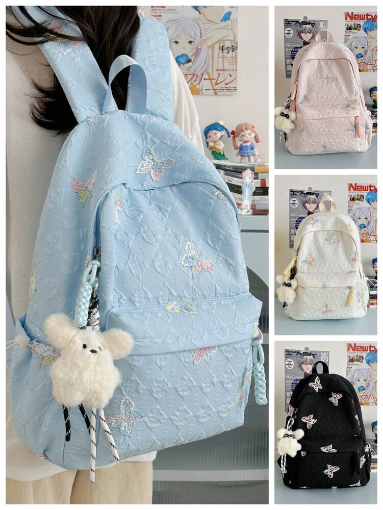 Butterfly Print Girls Nylon Backpack Zipper Closure Simple Casual School Bag Suitable For All Seasons Lightweight Travel Daypack