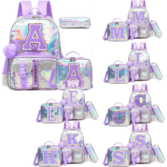 Purple Love Print Girls Backpack Letter Design Primary School Bag Casual Return To School Lightweight Cute Student Daypack Random Print