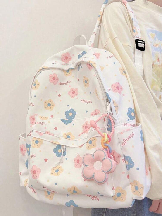Color Block Cartoon Print Backpack With Flower Pendant Large Capacity School Bag Casual Travel Daypack For Girls Random Print Position
