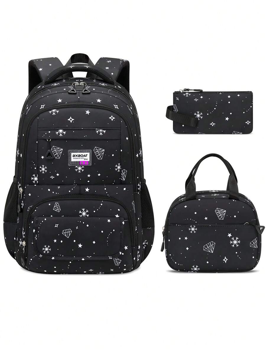 3pcs Girls School Backpack Set With Lunch Bag Pencil Case Outdoor Travel Student Bag Casual Bookbag Suitable For Teenage Girls Random Print