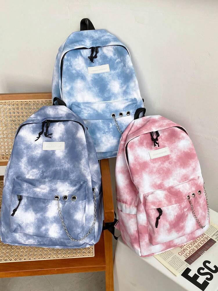 Tie Dye Backpack With Chain Decor Large Capacity Multi Pocket Casual School Bag Student Travel Holiday Campus Daypack Fashionable