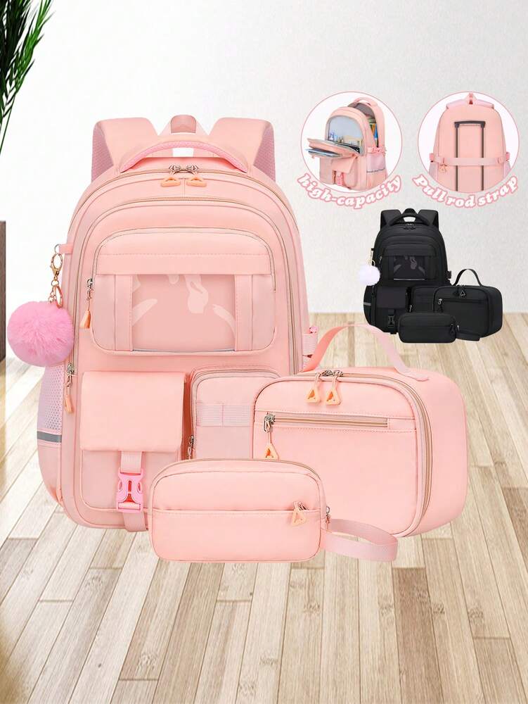 3pcs Teen Girls Backpack Set Laptop School Bag With Lunch Box Pencil Case Multi Pocket Casual Plush Ball Pendant Back To School Travel