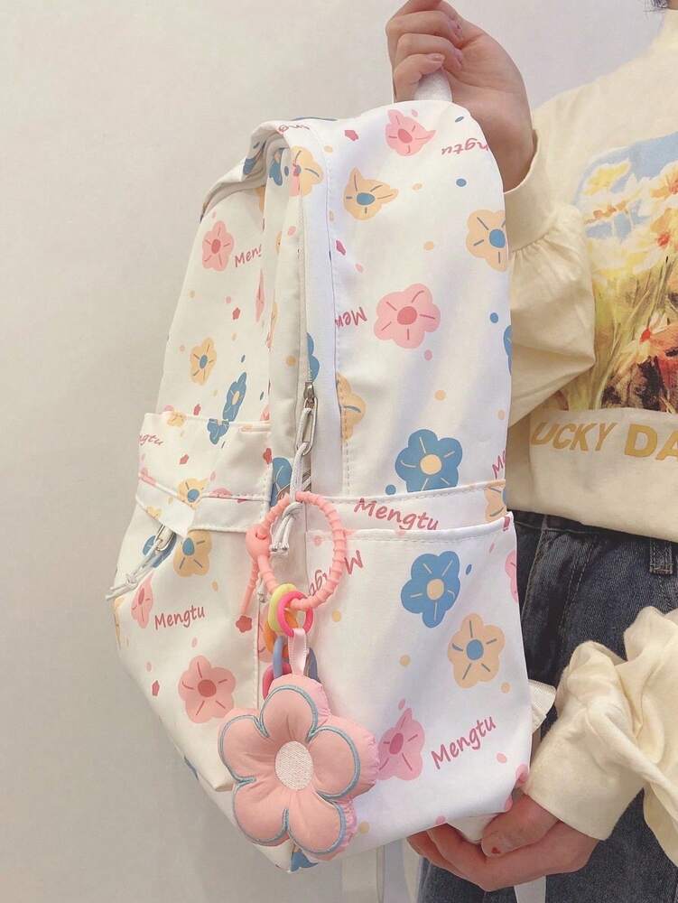 Color Block Cartoon Print Backpack With Flower Pendant Large Capacity School Bag Casual Travel Daypack For Girls Random Print Position