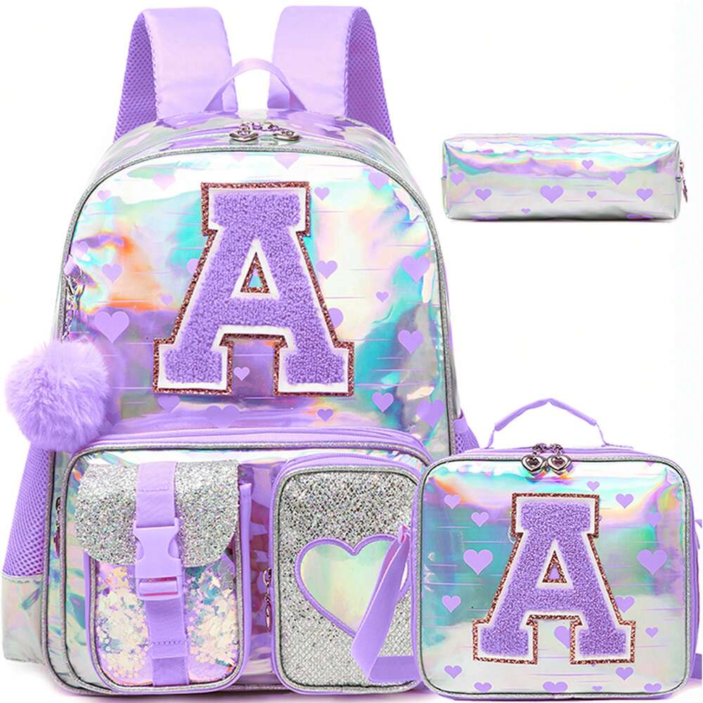 Purple Love Print Girls Backpack Letter Design Primary School Bag Casual Return To School Lightweight Cute Student Daypack Random Print