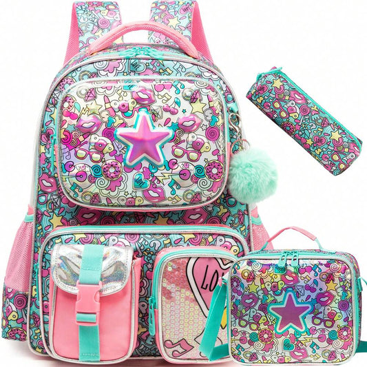 3pcs Elementary School Girls Backpack Set With Lunch Bag Cute Preschool Student Travel Bookbag Casual Lightweight 3 In 1 School Bag