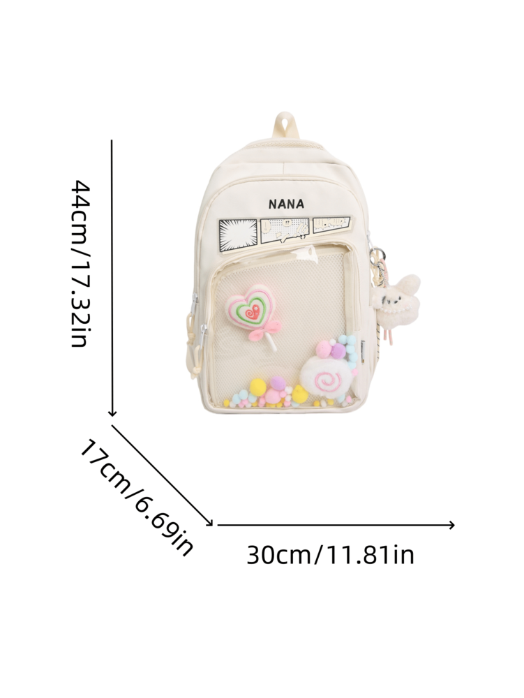Solid Color Nylon Printed Backpack Girls Casual Zipper Closure School Bag Lightweight Daily Use Student Daypack Without Pendant