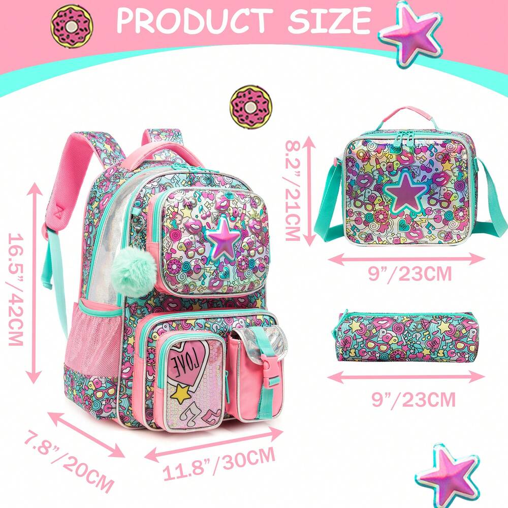 3pcs Elementary School Girls Backpack Set With Lunch Bag Cute Preschool Student Travel Bookbag Casual Lightweight 3 In 1 School Bag
