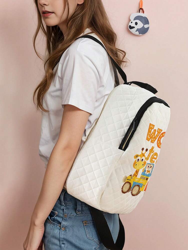Cartoon Letter Car Pattern Rhombus Backpack With Zipper Closure Stylish School Bag For Boys Girls Casual Outdoor Activities Daypack