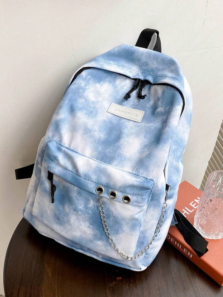 Tie Dye Backpack With Chain Decor Large Capacity Multi Pocket Casual School Bag Student Travel Holiday Campus Daypack Fashionable