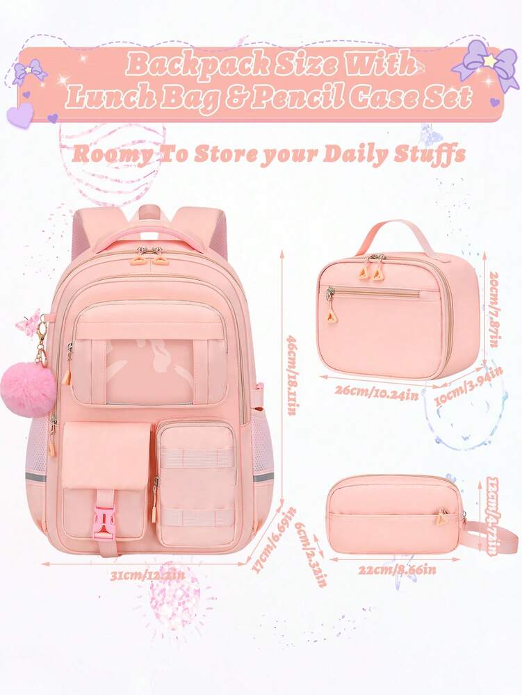 3pcs Teen Girls Backpack Set Laptop School Bag With Lunch Box Pencil Case Multi Pocket Casual Plush Ball Pendant Back To School Travel